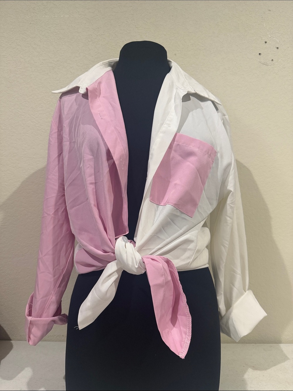 SHEIN Pink and White Colorblock Tie-Front Shirt